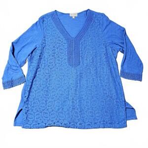 JM Collection Woman Plus 2X Blouse Blue 3/4 Sleeve Boho Cotton V Neck Tunic